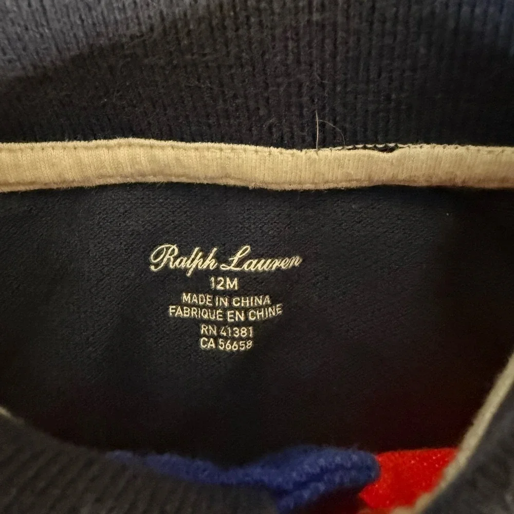 Ralph Lauren Baby 12M Colorblock Piqué Cotton Collared Romper Emb Logo SS